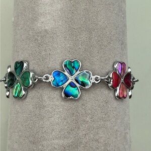 Abalone Shell Clover Bracelet Silver Tone Heart Link Statement